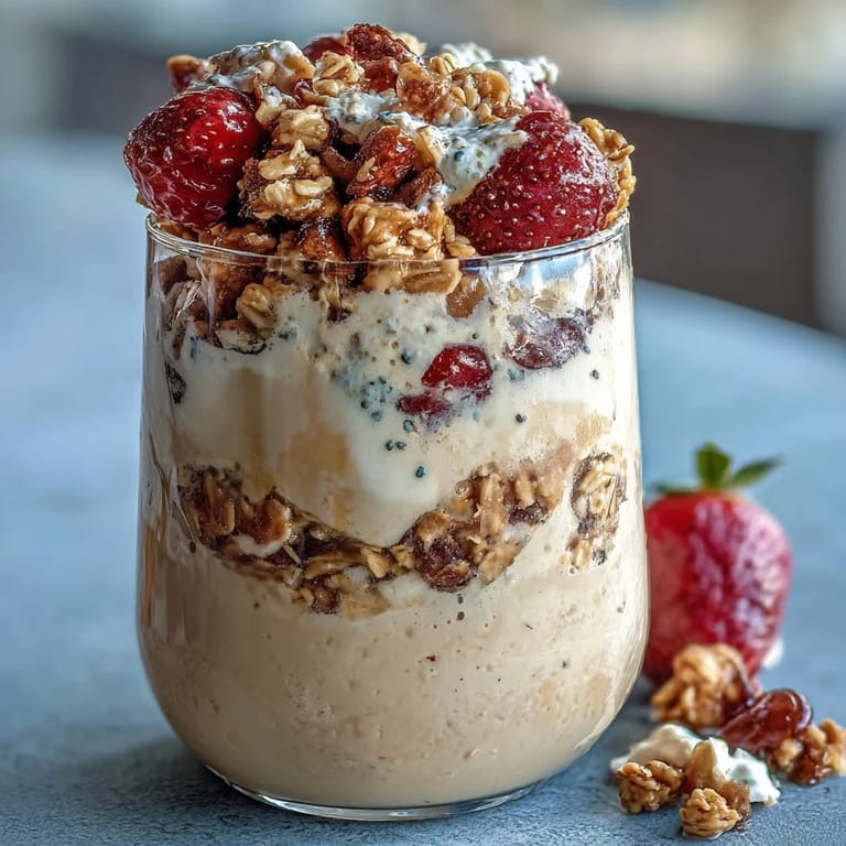 Layered strawberry overnight oats with chia seeds, creamy yogurt, and granola—a colorful, nutritious breakfast ready to grab and go.