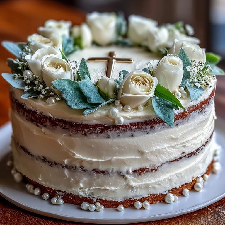 Soft vanilla sponge cake covered in buttercream, decorated with white fondant roses and a cross topper, ideal for First Communion celebrations and religious gatherings.
