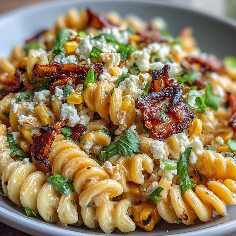Colorful Mexican-inspired pasta salad with sweet corn, red bell pepper, and tangy lime dressing, topped with crumbled Cotija cheese.