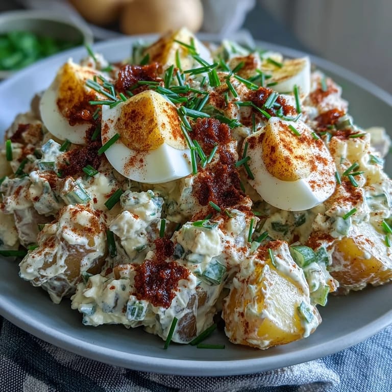 A vibrant bowl of Classic Deviled Egg Potato Salad featuring chopped eggs, crunchy celery, and a zesty mayonnaise-mustard blend.