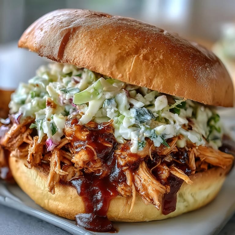 Flavorful pulled BBQ chicken, simmered in tangy sauce, layered on buns with crisp coleslaw for a satisfying meal.