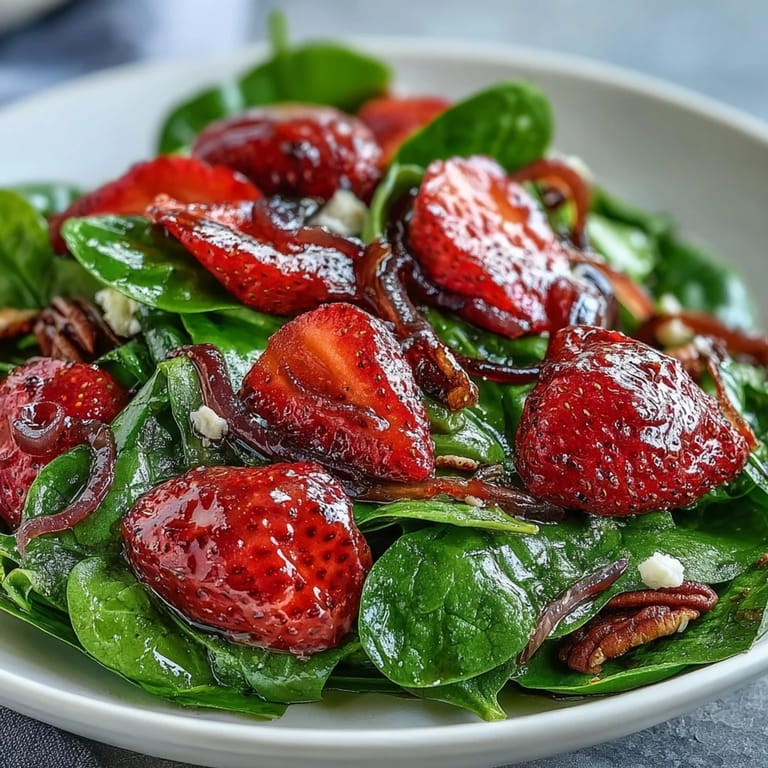 Bright and flavorful Spring Strawberry Spinach Salad with juicy strawberries, crumbled goat cheese, candied nuts, and a zesty balsamic dressing.