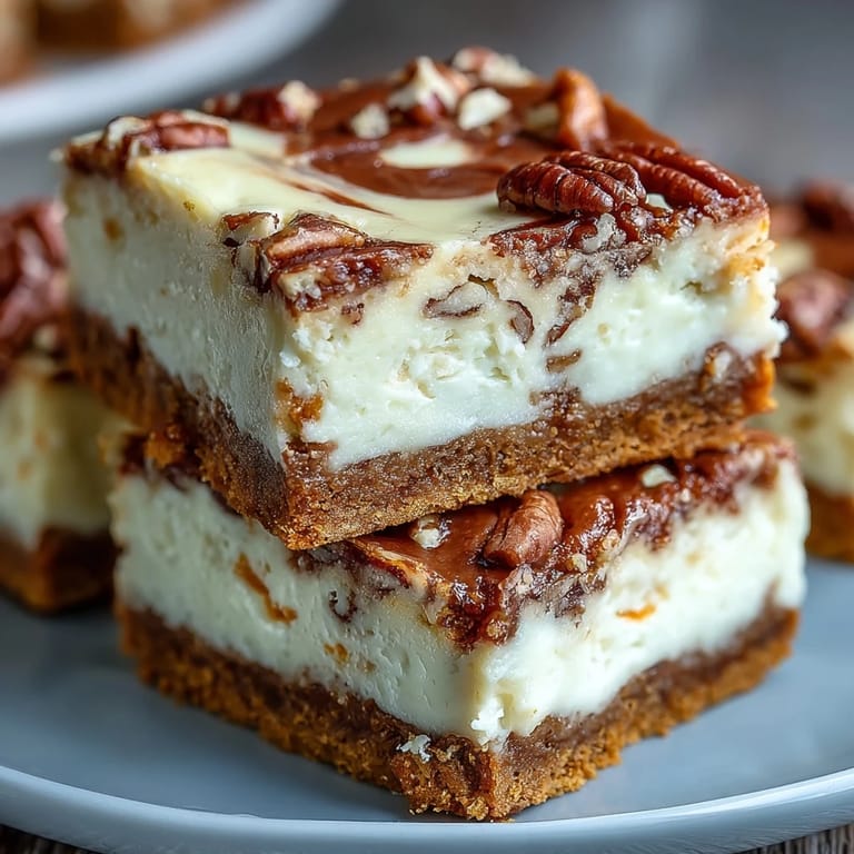 Rich layers of spiced carrot cake and smooth cheesecake, baked into golden bars with a marbled finish.