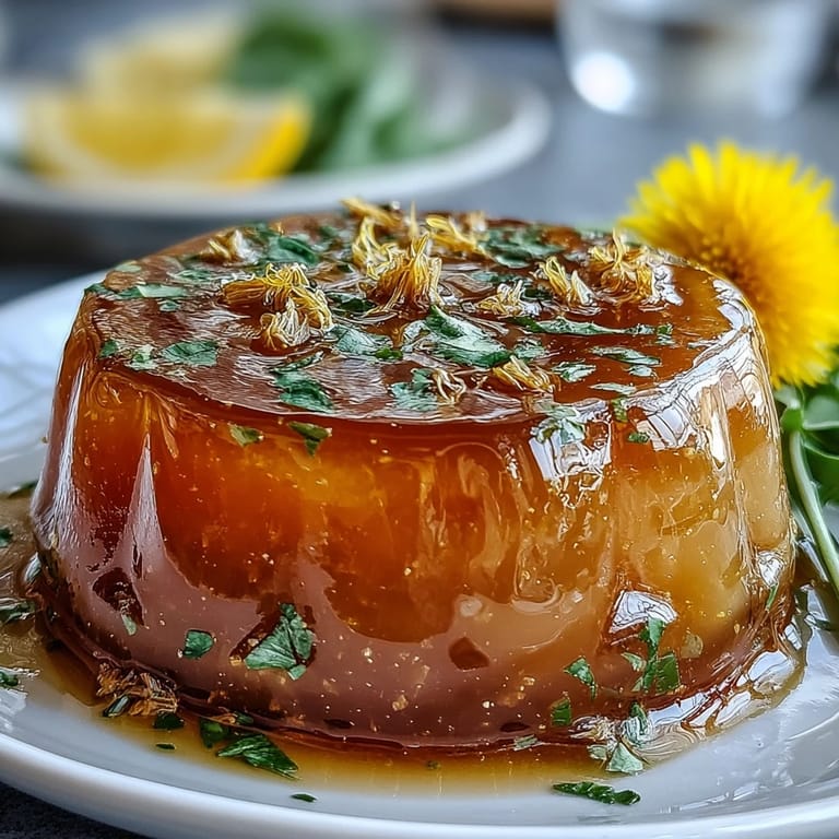 Bright dandelion jelly with lemon and honey, glistening in a spoon, perfect for toast or biscuits.