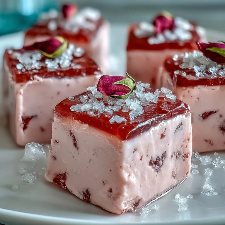 Elegant sliced Strawberry Rose Gelatin Mosaic Cake, showcasing suspended colorful gelatin gems.
