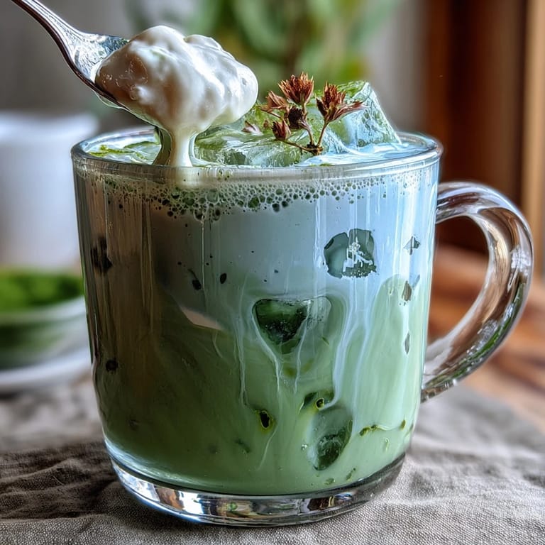 Creamy Mother's Day iced matcha latte topped with dreamy vanilla cold foam.