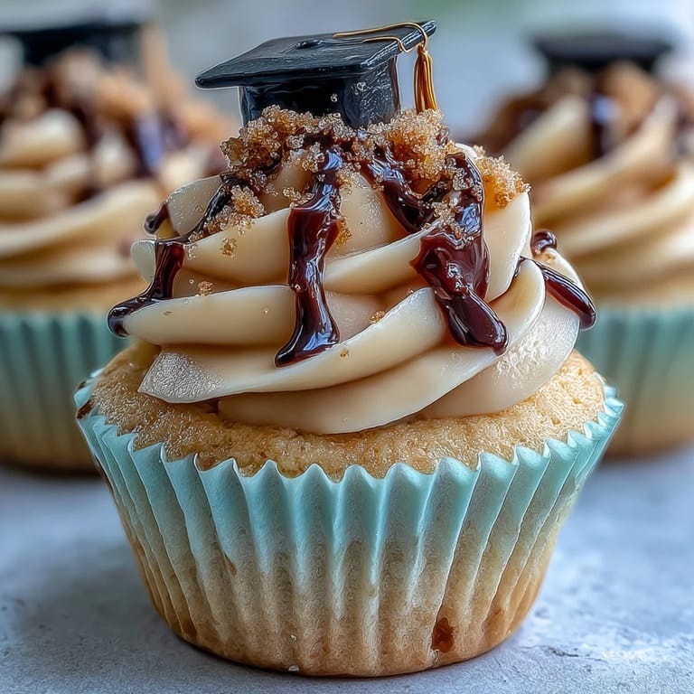 Delicious vanilla cupcakes, topped with creamy frosting and charming graduation cap decorations.