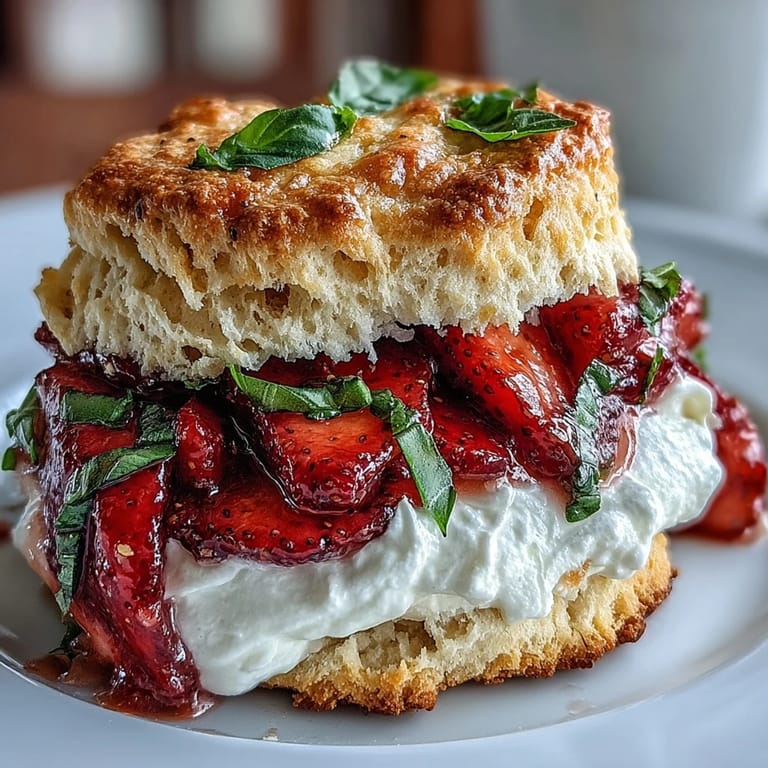 Buttery, fluffy Strawberry Basil Shortcake Biscuits piled high with juicy fruit.