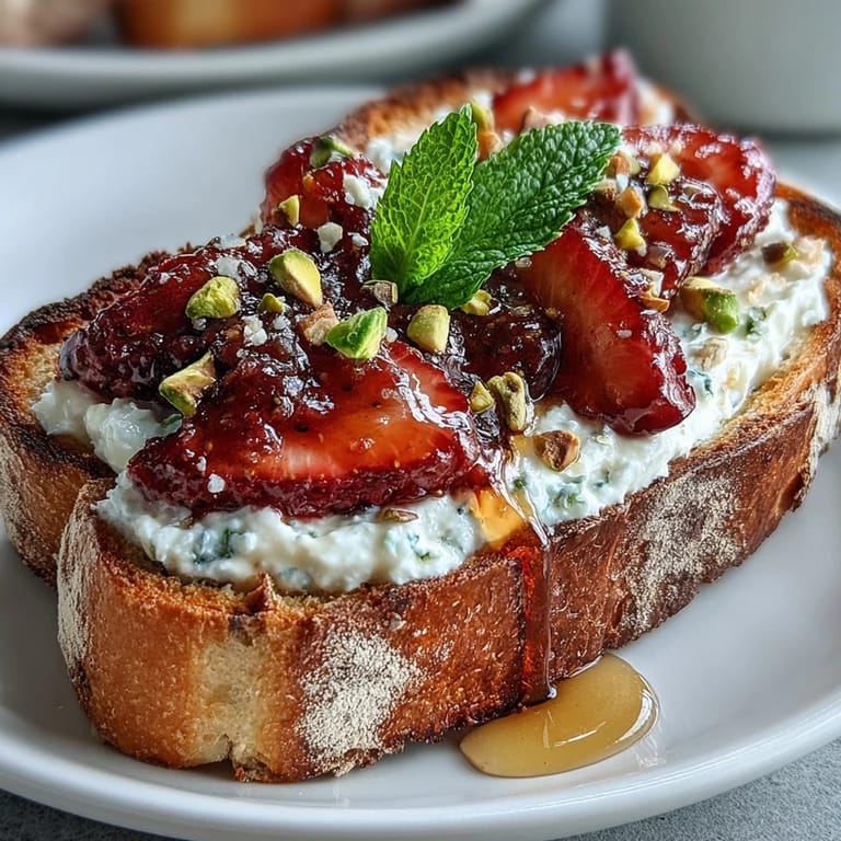 Golden Strawberry Honey Ricotta Toast topped with crunchy pistachios ready to be enjoyed.