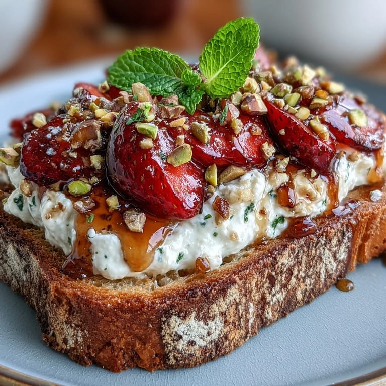 Delicious Strawberry Honey Ricotta Toast with fresh strawberries and a sweet honey drizzle.