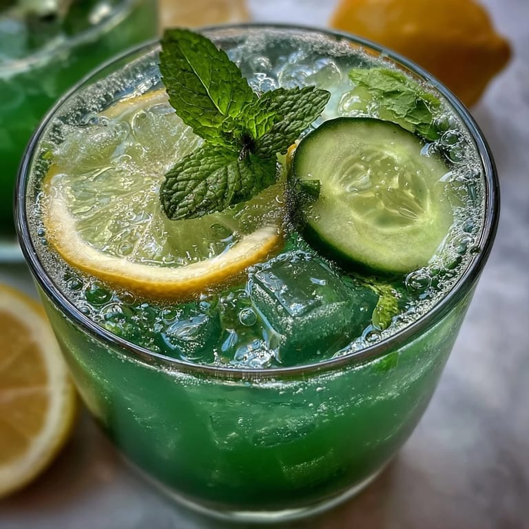Enjoy this easy Sparkling Cucumber Mint Lemonade Mocktail with ice and fresh garnishes.