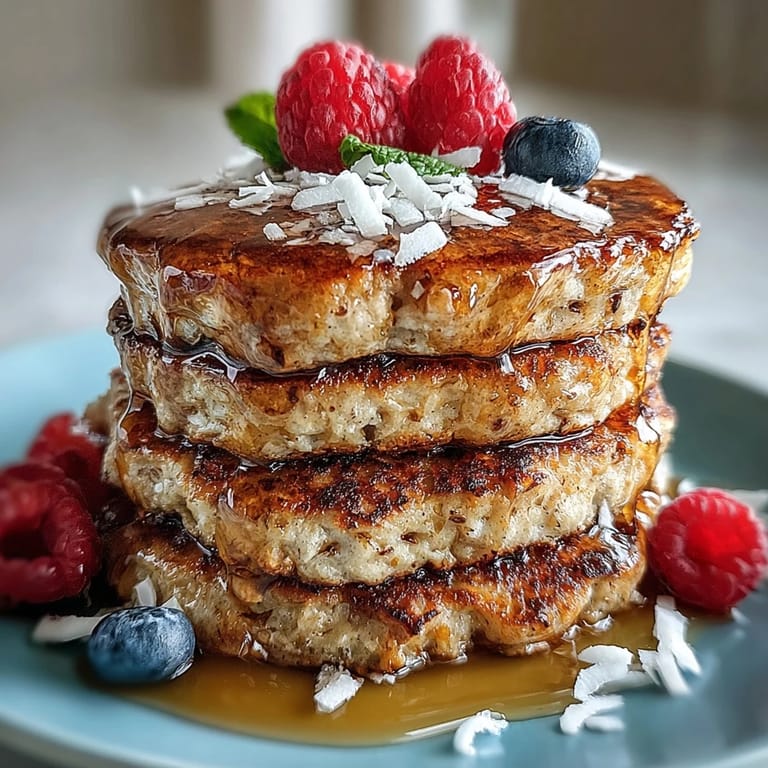 Golden high fiber protein pancakes with flaxseed, stacked high for hearty breakfast.