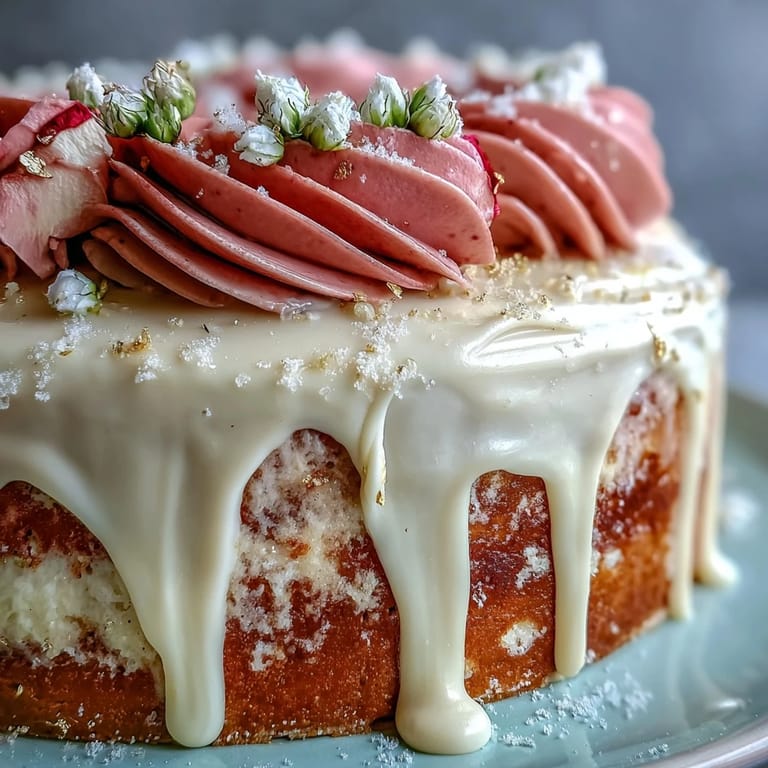 A beautiful, moist rosé velvet cake adorned with a decadent gold drip.