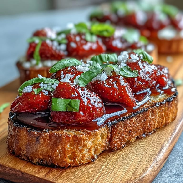 Easy Strawberry Balsamic Bruschetta appetizer, fresh basil, and grilled sourdough.