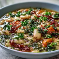 A warm bowl of Mediterranean White Bean Stew with tender beans and wilted kale in a rich, golden broth.  