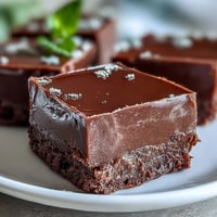 Four neat squares of homemade Hojicha Fudge sit on a white plate, showcasing their deep, roasted tea and chocolate color.