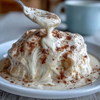 Hojicha Pastry Cream is spooned from a glass bowl, showcasing its smooth, caramel-brown custard texture.