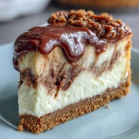 A smooth, marbled Hojicha Cheesecake slice sits on a white plate, revealing its creamy texture.