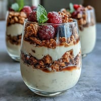 Hojicha Panna Cotta Parfait layered in a glass with creamy beige custard, fresh berries, and crunchy granola.