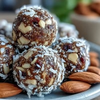 Hojicha Energy Balls rolled in shredded coconut, showcasing a rustic, no-bake texture for a quick vegan snack. 