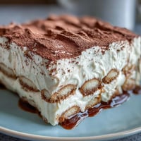 A slice of Hojicha Tiramisu reveals creamy layers of mascarpone and toasted tea-soaked ladyfingers, dusted with cocoa.
