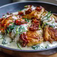 Creamy Tuscan Chicken Skillet with golden seared chicken in a rich garlic cream sauce, sun-dried tomatoes, and wilted spinach.  