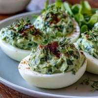 Creamy green avocado deviled eggs with fresh herbs, perfect for spring parties and healthy appetizers.