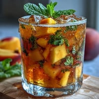 Refreshing mango peach iced tea with fresh mint leaves and fruit slices, perfect for summer sipping.  
