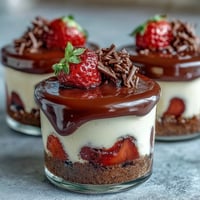 Decadent chocolate strawberry cheesecake cups with creamy filling and fresh fruit in individual servings.