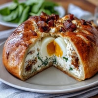 Easter Savory Pie with Hard-Boiled Eggs and Ham in golden puff pastry, showcasing creamy ricotta, diced ham, and spinach with visible whole eggs inside.
