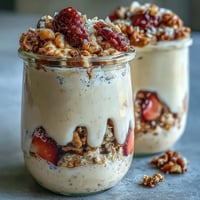Creamy overnight oats with fresh strawberries and crunchy granola, a healthy make-ahead breakfast packed with chia seeds.