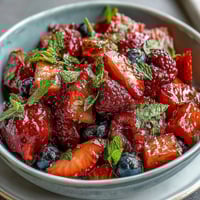 A vibrant bowl of strawberry lemonade fruit salad with juicy strawberries and fresh blueberries tossed in a zesty lemonade dressing.