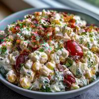 Creamy Corn Salad with Jalapeño, a vibrant mix of sweet corn, cherry tomatoes, and crisp peppers, tossed in a tangy lime dressing.