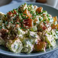 Creamy Classic Deviled Egg Potato Salad with tender potatoes and tangy mustard dressing, garnished with fresh chives and paprika.
