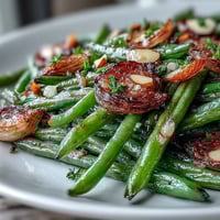 Golden roasted green beans tossed with caramelized garlic and fresh lemon zest, a simple yet elegant side dish.