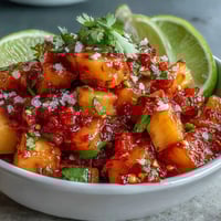 Bright and colorful fruit cups filled with ripe mango chunks, zesty lime, and a hint of chili spice.