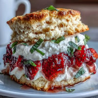Golden Strawberry Basil Shortcake Biscuits with fresh filling and sweet cream.