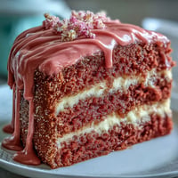 Glistening Bridal Shower Rosé Velvet Cake with decadent shimmering gold drip.