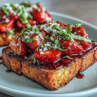 Crispy Strawberry Balsamic Bruschetta with balsamic drizzle on grilled sourdough.